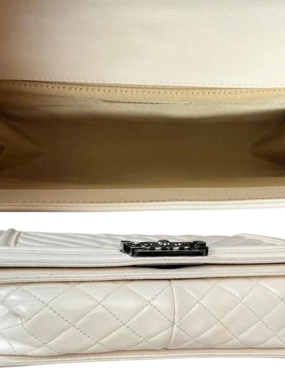 CHANEL Cream Quilted Boy Flap Shoulder Bag with Dark Silver Hardware